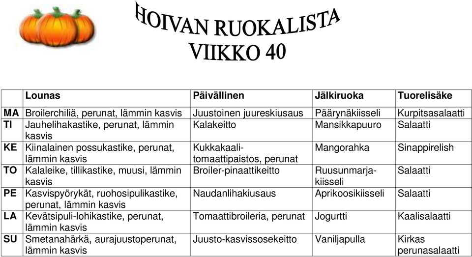 Broiler-pinaattikeitto Ruusunmarjakiisseli Salaatti PE Kasvispyörykät, ruohosipulikastike, Naudanlihakiusaus Aprikoosikiisseli