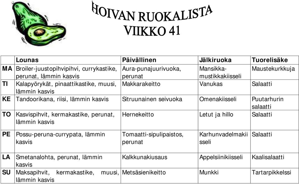 Kasvispihvit, kermakastike,, Hernekeitto Letut ja hillo Salaatti PE Possu-peruna-currypata, lämmin Tomaatti-sipulipaistos,