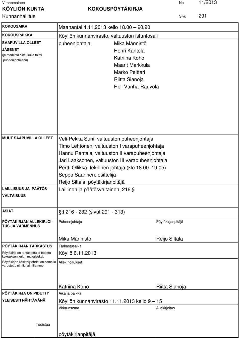 Markkula Marko Pelttari Riitta Sianoja Heli Vanha-Rauvola MUUT SAAPUVILLA OLLEET LAILLISUUS JA PÄÄTÖS- VALTAISUUS Veli-Pekka Suni, valtuuston puheenjohtaja Timo Lehtonen, valtuuston I