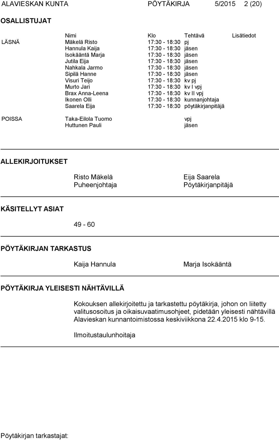 17:30-18:30 kunnanjohtaja Saarela Eija 17:30-18:30 pöytäkirjanpitäjä POISSA Taka-Eilola Tuomo vpj Huttunen Pauli jäsen ALLEKIRJOITUKSET Risto Mäkelä Puheenjohtaja Eija Saarela Pöytäkirjanpitäjä