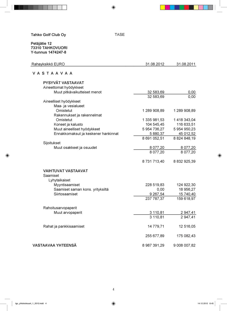 2011 V A S T A A V A A PYSYVÄT VASTAAVAT Aineettomat hyödykkeet Muut pitkävaikutteiset menot 32 583,69 0,00 32 583,69 0,00 Aineelliset hyödykkeet Maa- ja vesialueet Omistetut 1 289 908,89 1 289