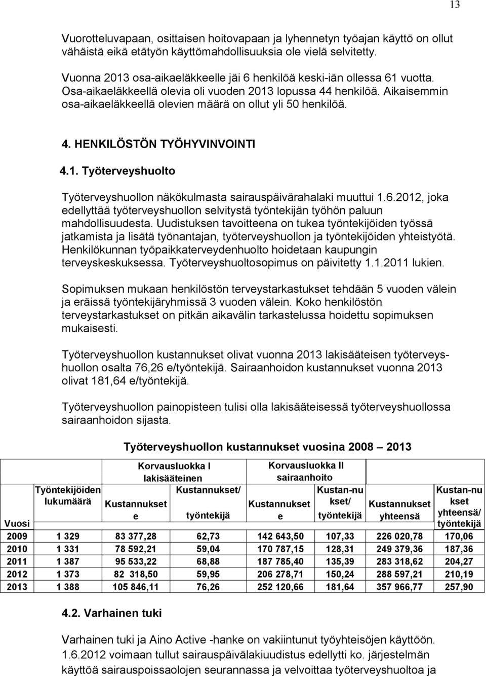 Aikaisemmin osa-aikaeläkkeellä olevien määrä on ollut yli 50 henkilöä. 4. HENKILÖSTÖN TYÖHYVINVOINTI 4.1. Työterveyshuolto Työterveyshuollon näkökulmasta sairauspäivärahalaki muuttui 1.6.