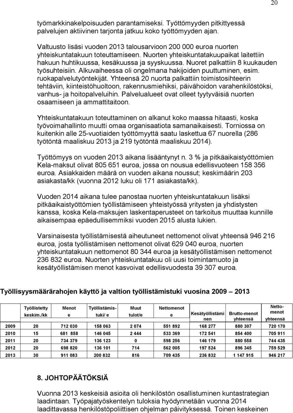 Nuoret palkattiin 8 kuukauden työsuhteisiin. Alkuvaiheessa oli ongelmana hakijoiden puuttuminen, esim. ruokapalvelutyöntekijät.