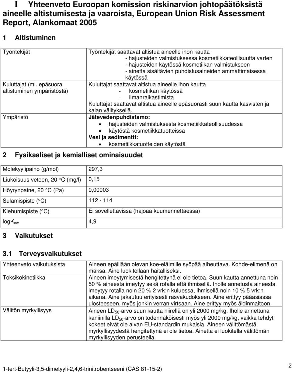 C) 112-114 Kiehumispiste ( C) logk ow 4,9 3 Vaikutukset Työntekijät saattavat altistua aineelle ihon kautta - hajusteiden valmistuksessa kosmetiikkateollisuutta varten - hajusteiden käytössä