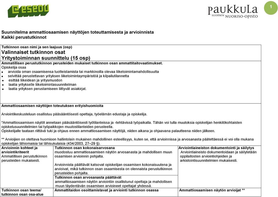 Opiskelija osaa arvioida oman osaamisensa tuotteistamista tai markkinoilla olevaa liiketoimintamahdollisuutta selvittää perustettavan yrityksen liiketoimintaympäristöä ja kilpailutilannetta esittää