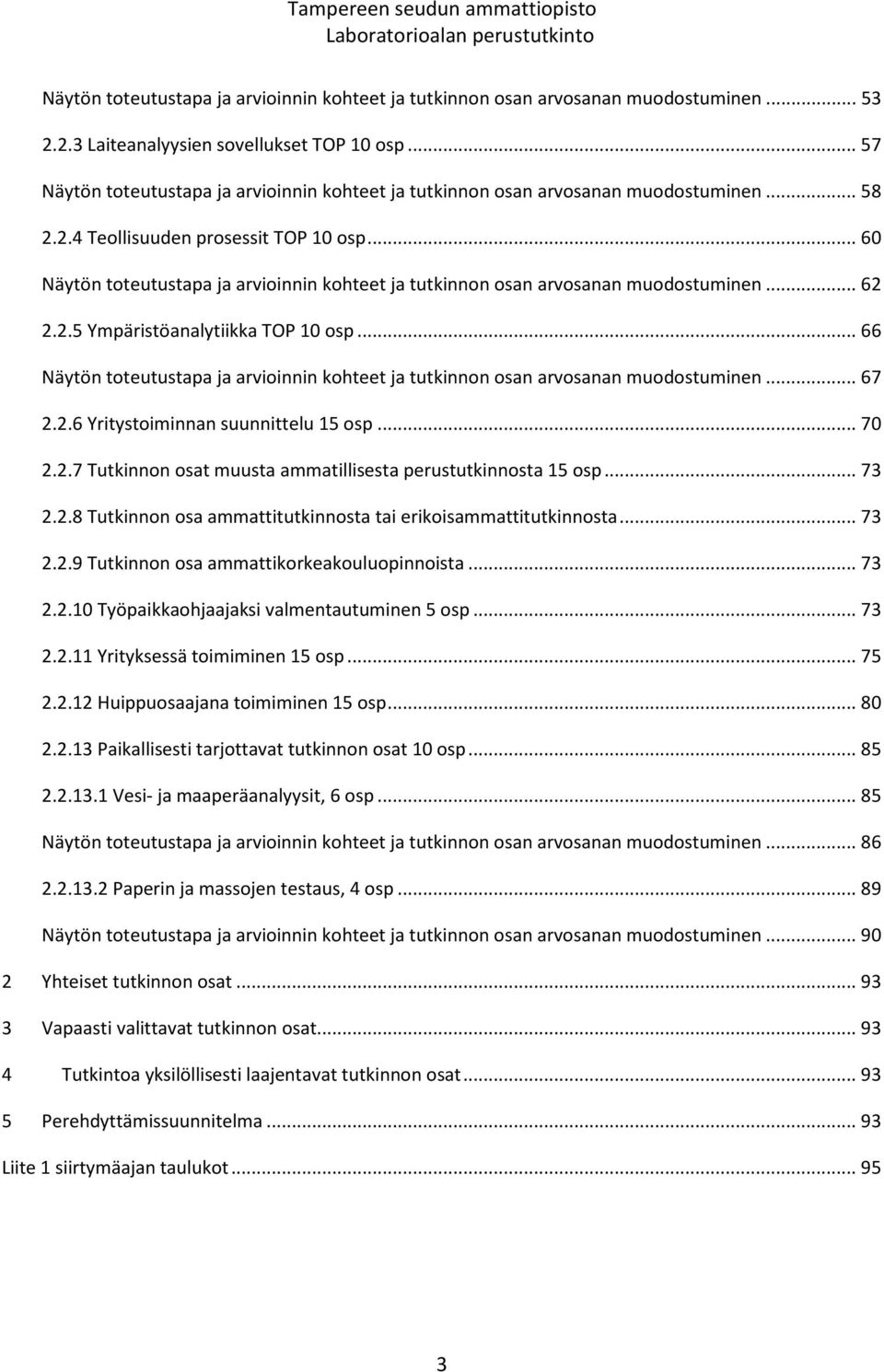 .. 60 Näytön toteutustapa ja arvioinnin kohteet ja tutkinnon osan arvosanan muodostuminen... 62 2.2.5 Ympäristöanalytiikka TOP 10 osp.