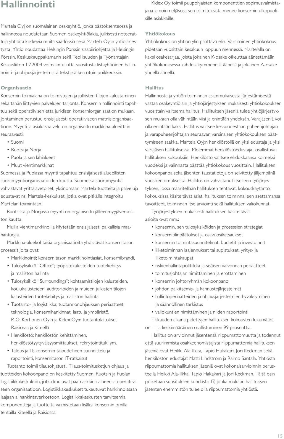 2004 voimaantullutta suositusta listayhtiöiden hallinnointi- ja ohjausjärjestelmistä tekstissä kerrotuin poikkeuksin.