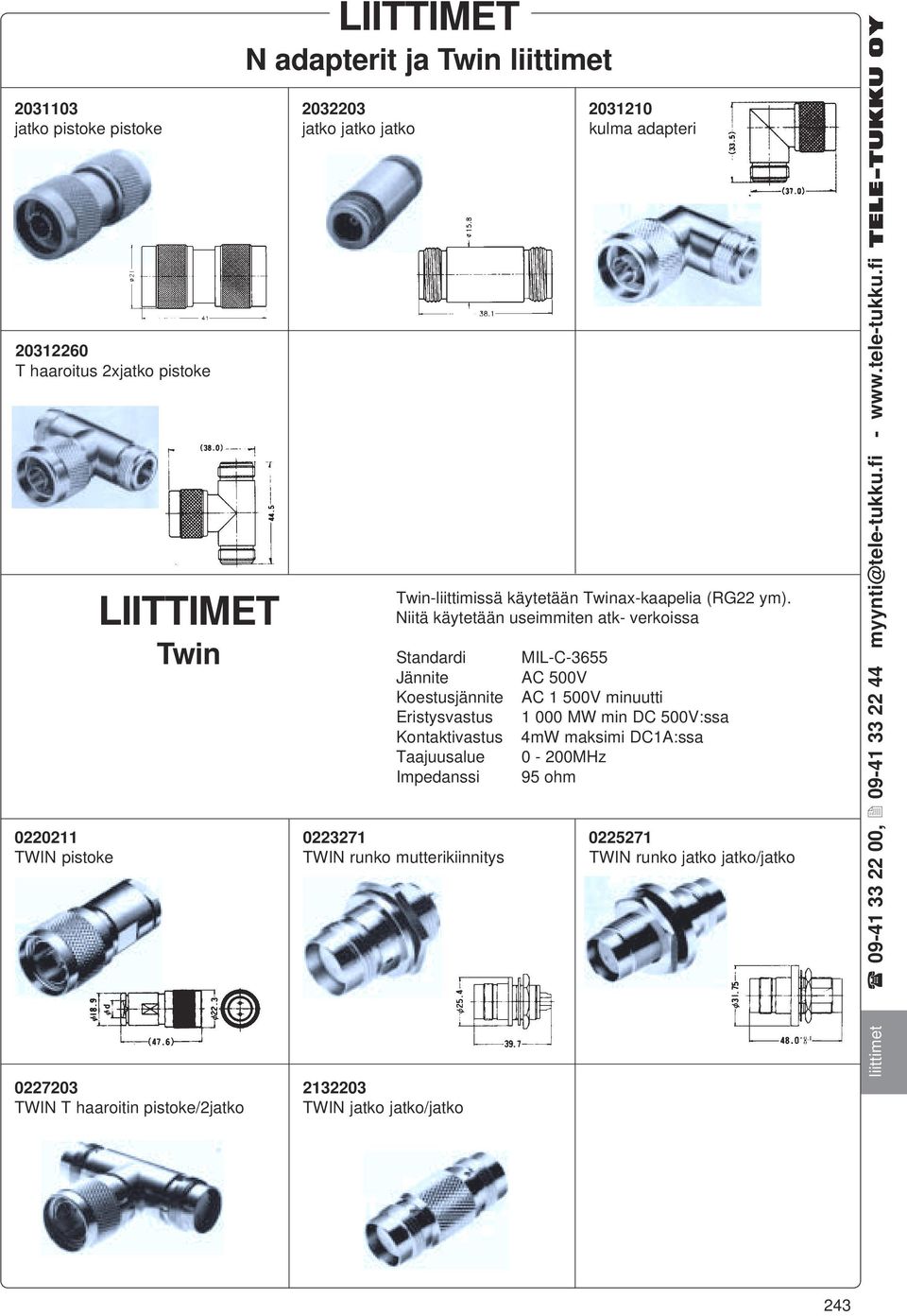 Twin-liittimissä käytetään Twinax-kaapelia (RG22 ym).