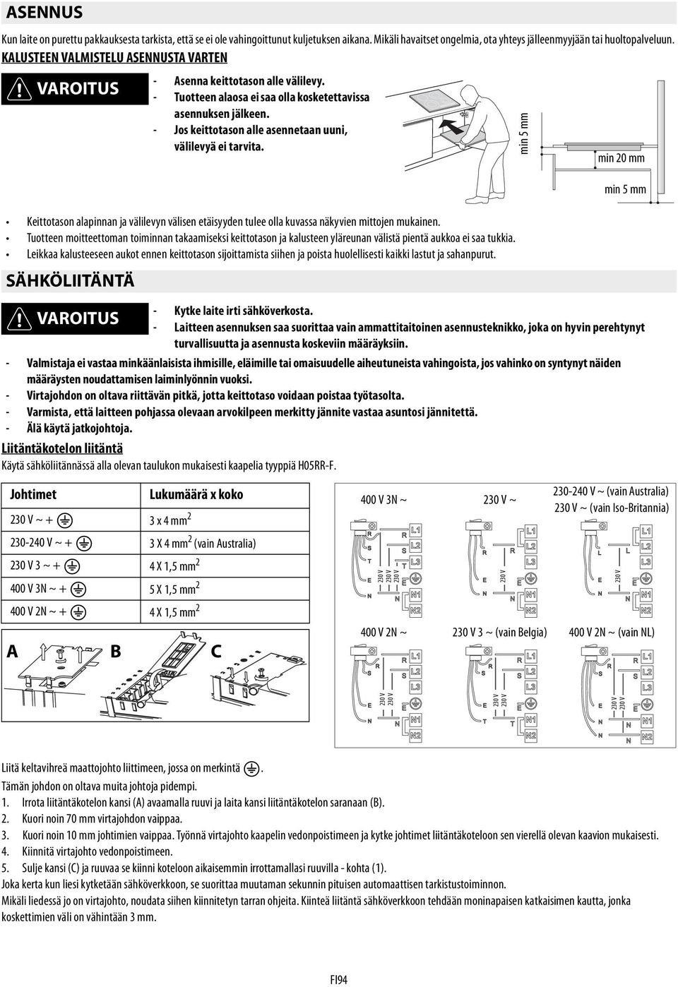 - Jos keittotason alle asennetaan uuni, välilevyä ei tarvita. min 5 mm min 20 mm min 5 mm Keittotason alapinnan ja välilevyn välisen etäisyyden tulee olla kuvassa näkyvien mittojen mukainen.