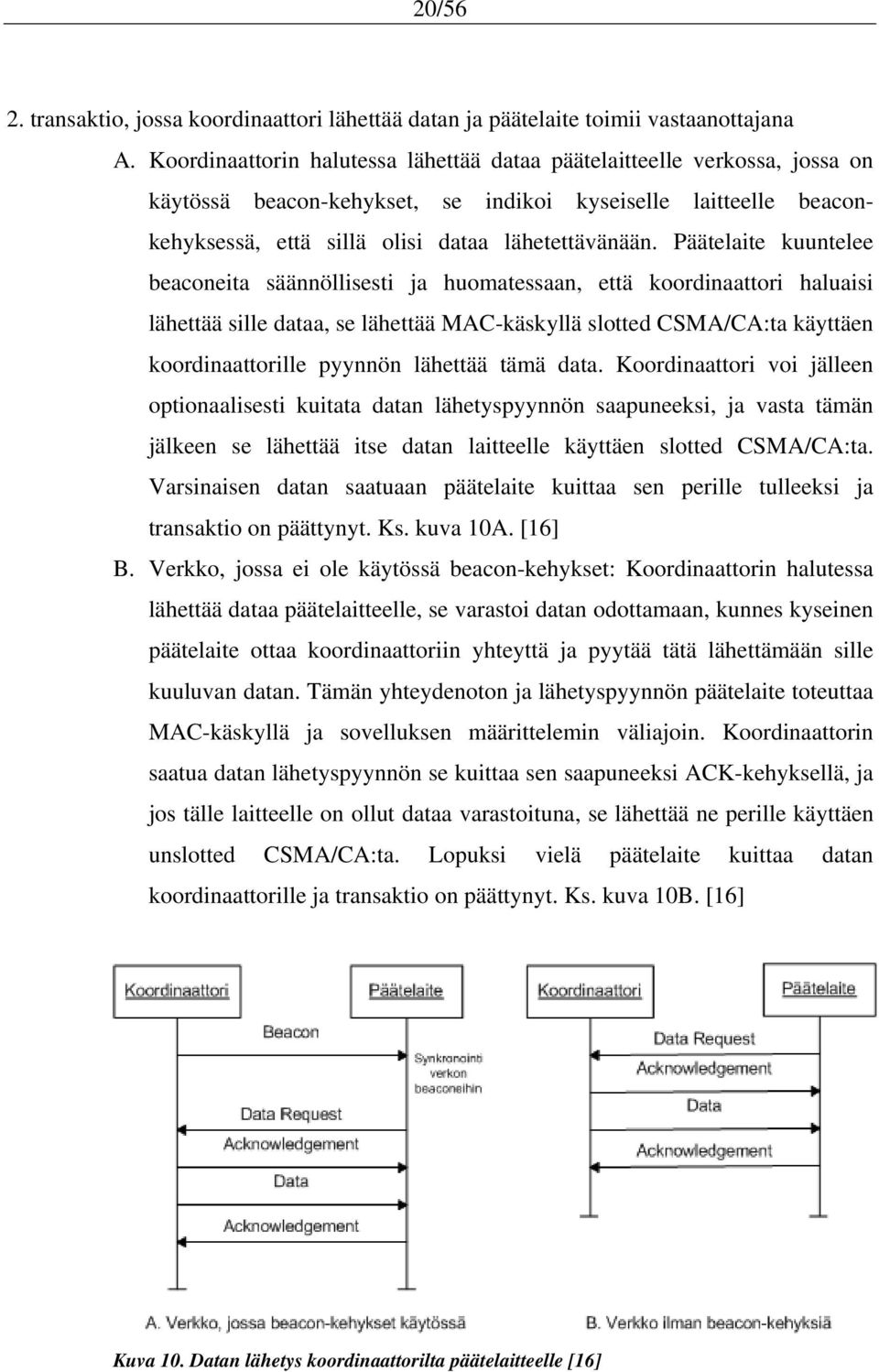 Päätelaite kuuntelee beaconeita säännöllisesti ja huomatessaan, että koordinaattori haluaisi lähettää sille dataa, se lähettää MAC-käskyllä slotted CSMA/CA:ta käyttäen koordinaattorille pyynnön