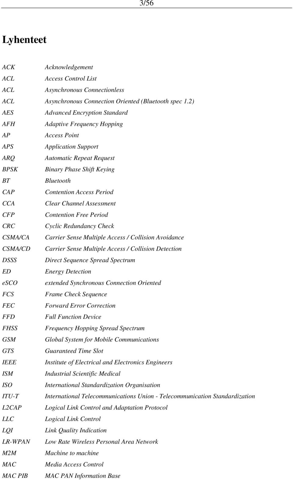 Access Period CCA Clear Channel Assessment CFP Contention Free Period CRC Cyclic Redundancy Check CSMA/CA Carrier Sense Multiple Access / Collision Avoidance CSMA/CD Carrier Sense Multiple Access /