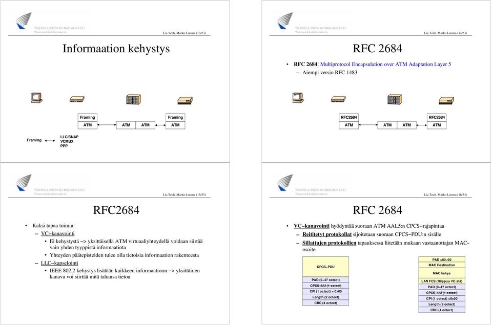 LLC/SNAP VCMUX  Marko Luoma (15/53)  Marko Luoma (16/53) RFC2684 Kaksi tapaa toimia: VC kanavointi Ei kehystystä > yksittäisellä virtuaaliyhteydellä voidaan siirtää vain yhden tyyppistä informaatiota