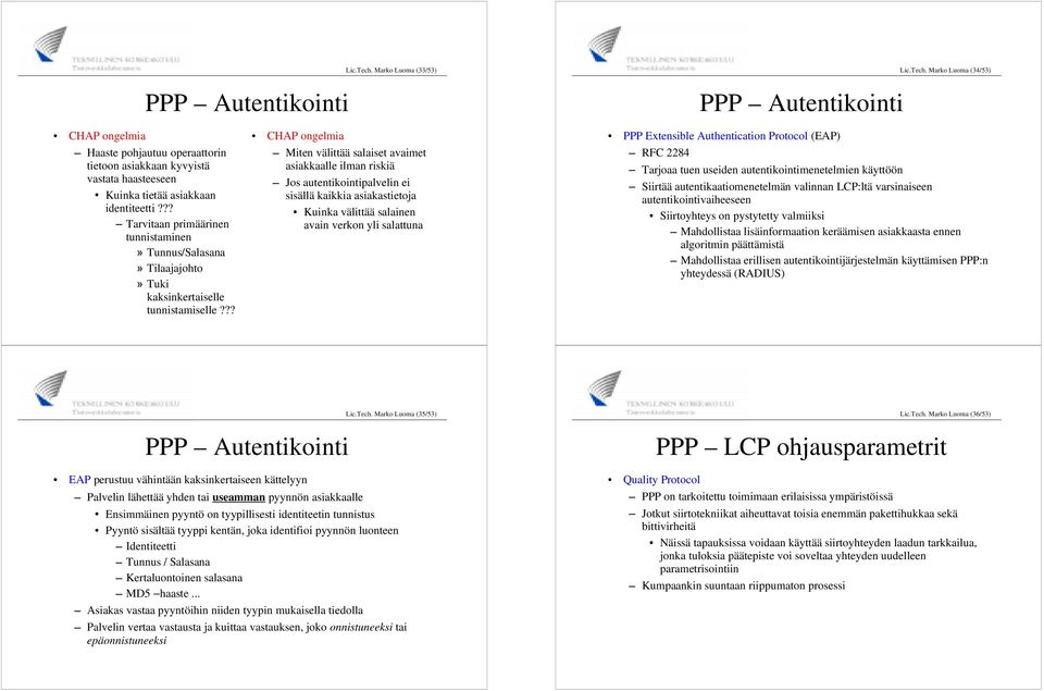 ?? CHAP ongelmia Miten välittää salaiset avaimet asiakkaalle ilman riskiä Jos autentikointipalvelin ei sisällä kaikkia asiakastietoja Kuinka välittää salainen avain verkon yli salattuna Extensible