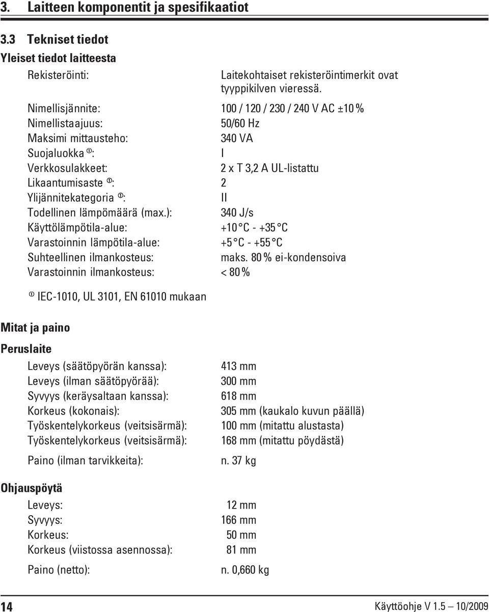 Ylijännitekategoria ➀ : II Todellinen lämpömäärä (max.): 340 J/s Käyttölämpötila-alue: +10 C - +35 C Varastoinnin lämpötila-alue: +5 C - +55 C Suhteellinen ilmankosteus: maks.