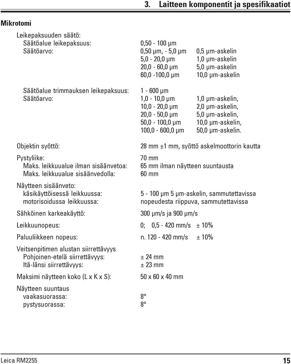 60,0-100,0 μm 10,0 μm-askelin Säätöalue trimmauksen leikepaksuus: 1-600 μm Säätöarvo: 1,0-10,0 μm 1,0 μm-askelin, 10,0-20,0 μm 2,0 μm-askelin, 20,0-50,0 μm 5,0 μm-askelin, 50,0-100,0 μm 10,0