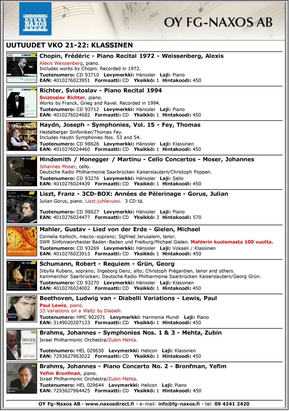 Works by Franck, Grieg and Ravel. Recorded in 1994. Tuotenumero: CD 93712 Levymerkki: Hänssler Laji: Piano EAN: 4010276024682 Formaatti: CD Yksikkö: 1 Hintakoodi: 450 Haydn, Joseph - Symphonies, Vol.