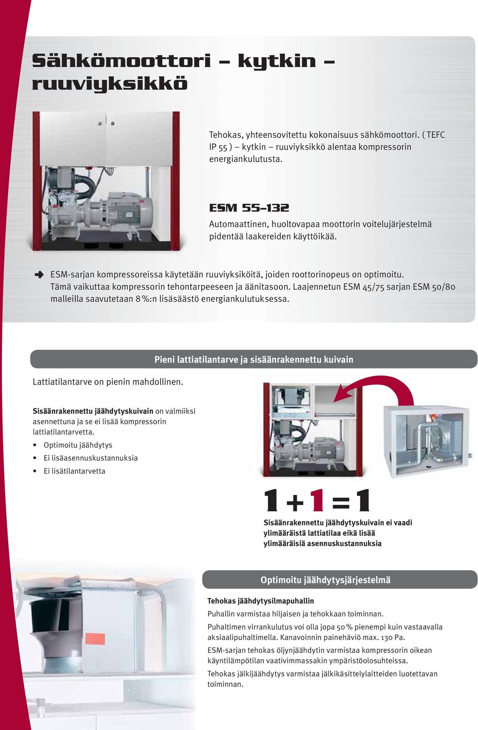 Tämä vaikuttaa kompressorin tehontarpeeseen ja äänitasoon. Laajennetun ESM 45/75 sarjan ESM 50/80 malleilla saavutetaan 8 %:n lisäsäästö energiankulutuksessa. Lattiatilantarve on pienin mahdollinen.