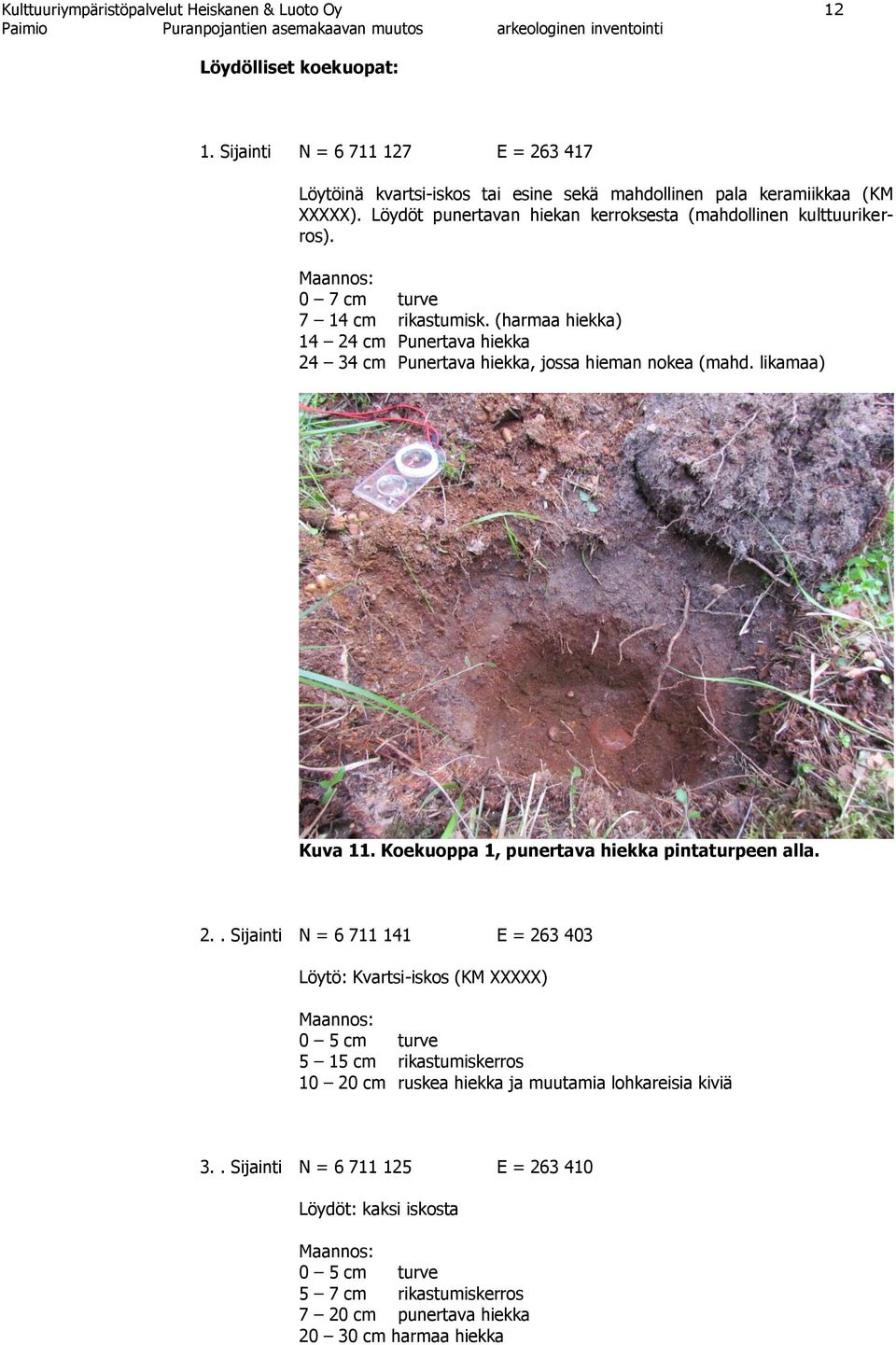 (harmaa hiekka) 14 24 cm Punertava hiekka 24 34 cm Punertava hiekka, jossa hieman nokea (mahd. likamaa) Kuva 11. Koekuoppa 1, punertava hiekka pintaturpeen alla. 2.. Sijainti N = 6 711 141 E = 263 403 Löytö: Kvartsi-iskos (KM XXXXX) Maannos: 0 5 cm turve 5 15 cm rikastumiskerros 10 20 cm ruskea hiekka ja muutamia lohkareisia kiviä 3.