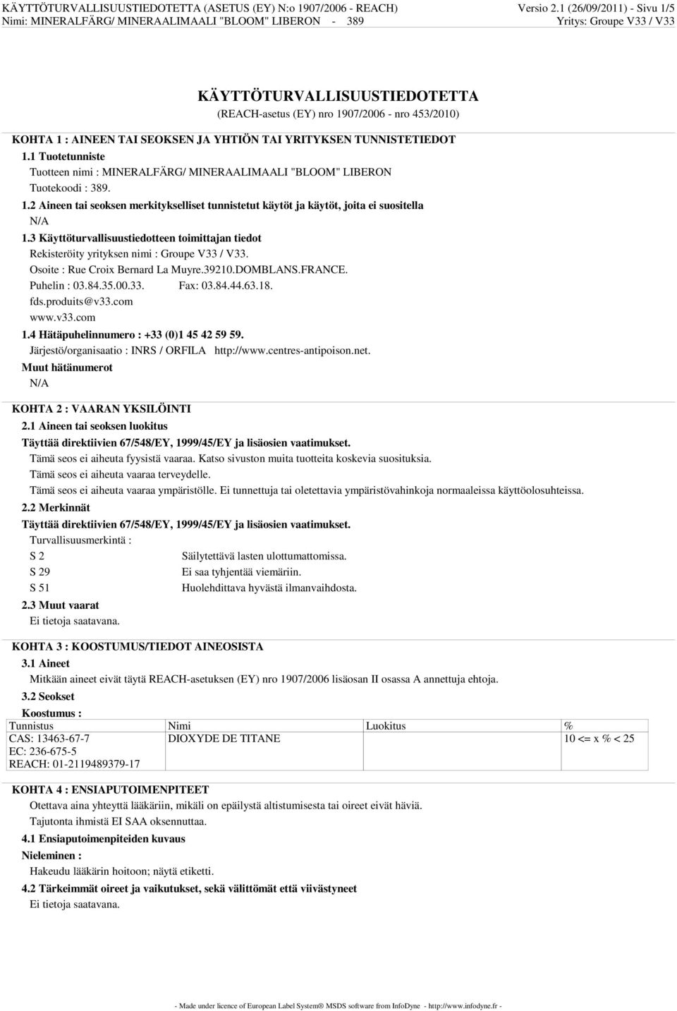 1 Tuotetunniste Tuotteen nimi : MINERALFÄRG/ MINERAALIMAALI "BLOOM" LIBERON Tuotekoodi : 389. 1.2 Aineen tai seoksen merkitykselliset tunnistetut käytöt ja käytöt, joita ei suositella 1.