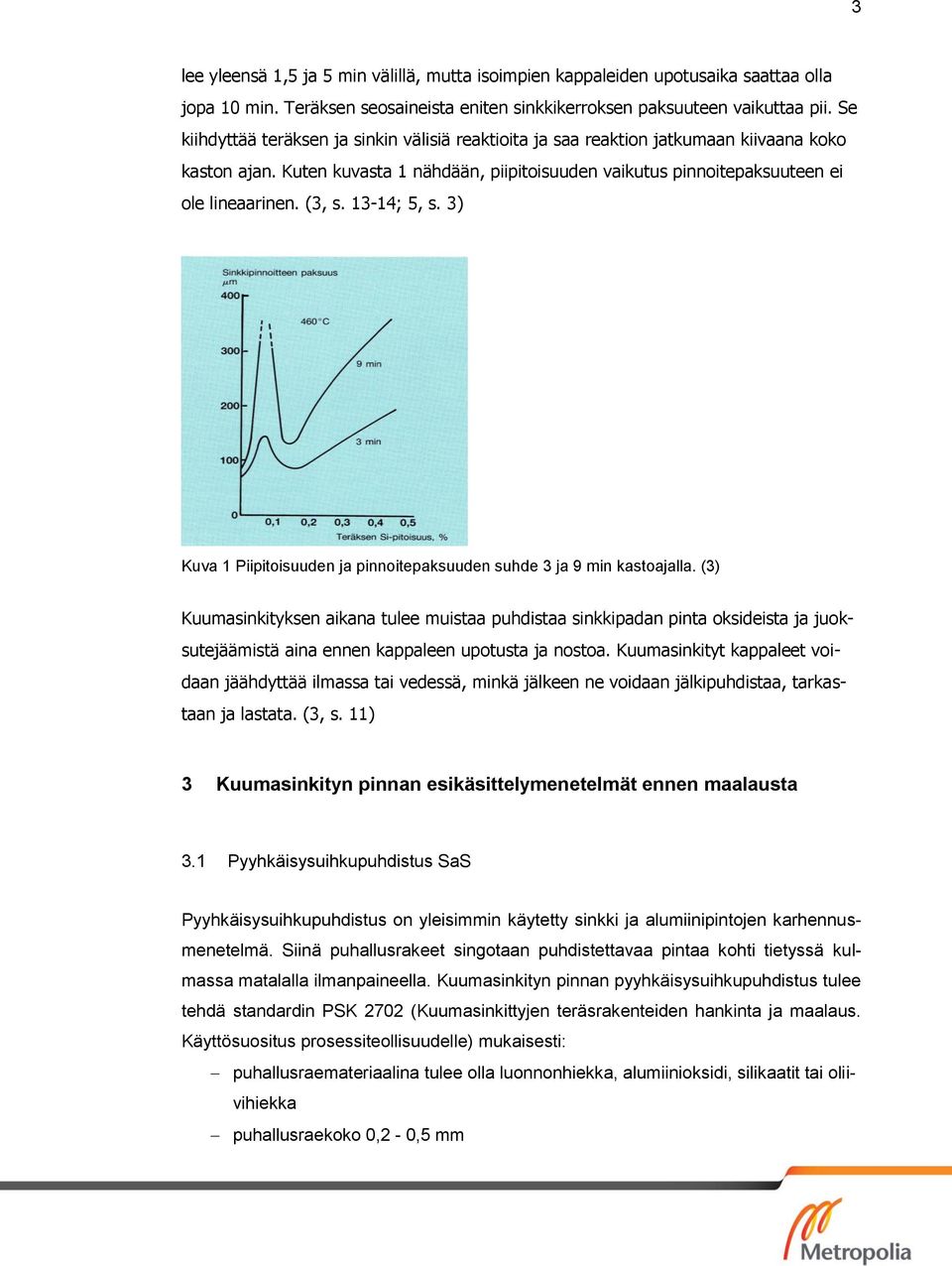 13-14; 5, s. 3) Kuva 1 Piipitoisuuden ja pinnoitepaksuuden suhde 3 ja 9 min kastoajalla.