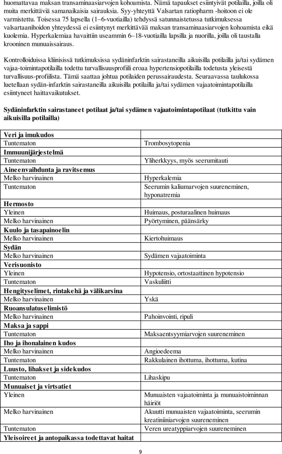 Toisessa 75 lapsella (1 6-vuotiailla) tehdyssä satunnaistetussa tutkimuksessa valsartaanihoidon yhteydessä ei esiintynyt merkittävää maksan transaminaasiarvojen kohoamista eikä kuolemia.