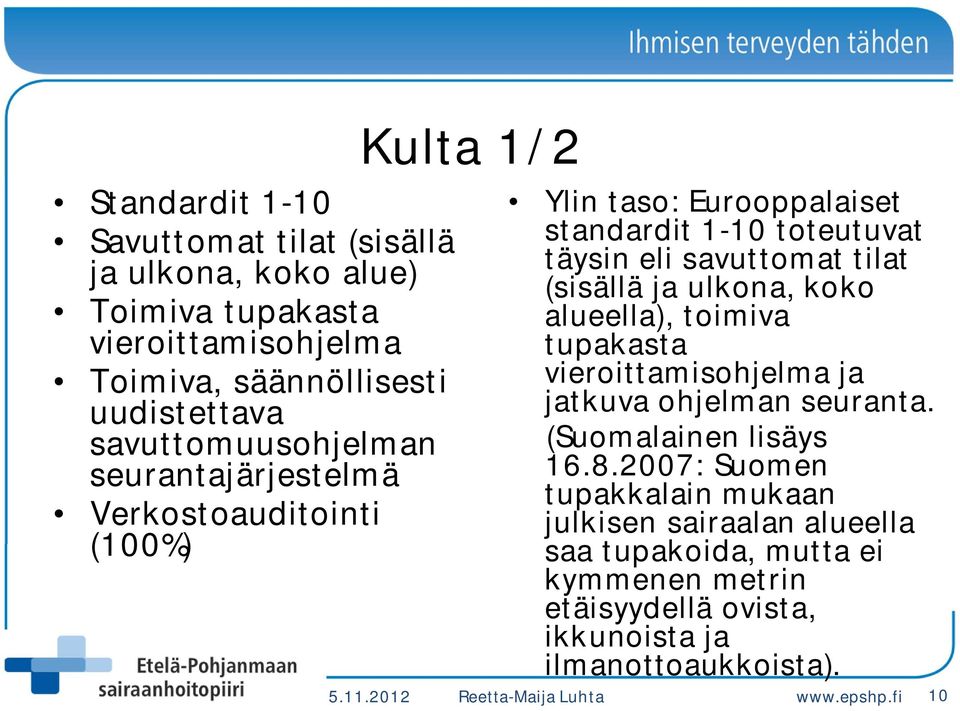 (sisällä ja ulkona, koko alueella), toimiva tupakasta vieroittamisohjelma ja jatkuva ohjelman seuranta. (Suomalainen lisäys 16.8.