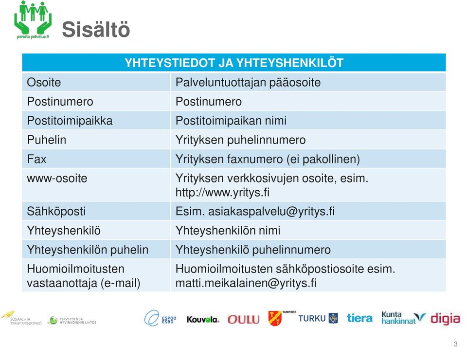 puhelinnumero Yrityksen faxnumero (ei pakollinen) Yrityksen verkkosivujen osoite, esim. http://www.yritys.fi Esim.