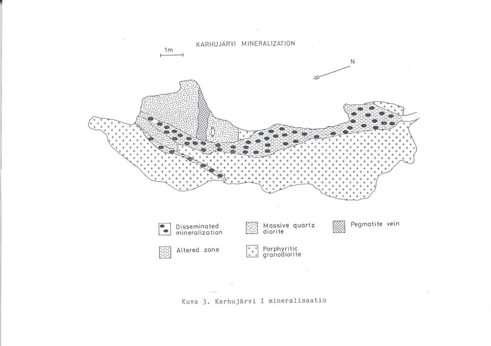 + + + + + + + + + + + + i + + + Disseinated ineralization Massive quartz diorite Pegatite vein Altered zone Porphyritic granodiorite Kuva 3.