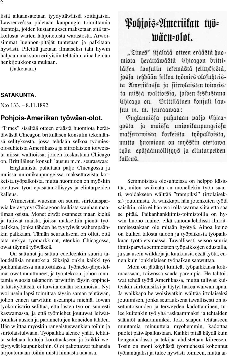 N:o 133. 8.11.1892 Pohjois-Ameriikan työwäen-olot.