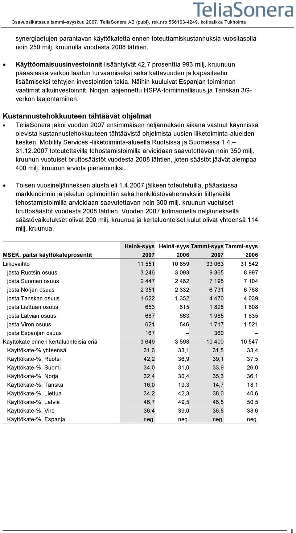 Näihin kuuluivat Espanjan toiminnan vaatimat alkuinvestoinnit, Norjan laajennettu HSPA-toiminnallisuus ja Tanskan 3Gverkon laajentaminen.