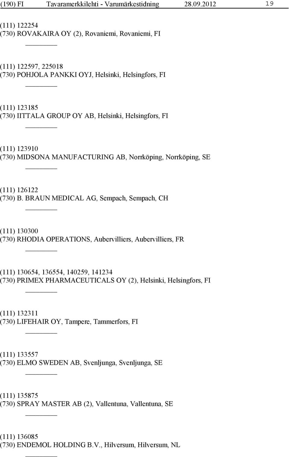 Helsingfors, FI (111) 123910 (730) MIDSONA MANUFACTURING AB, Norrköping, Norrköping, SE (111) 126122 (730) B.