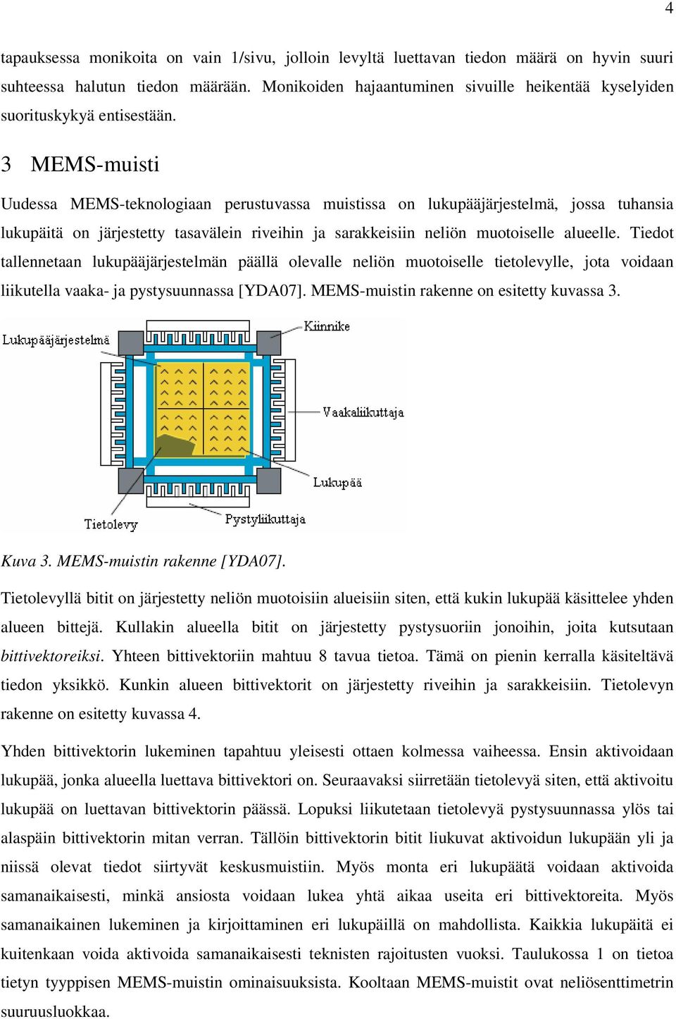 3 MEMS-muisti Uudessa MEMS-teknologiaan perustuvassa muistissa on lukupääjärjestelmä, jossa tuhansia lukupäitä on järjestetty tasavälein riveihin ja sarakkeisiin neliön muotoiselle alueelle.