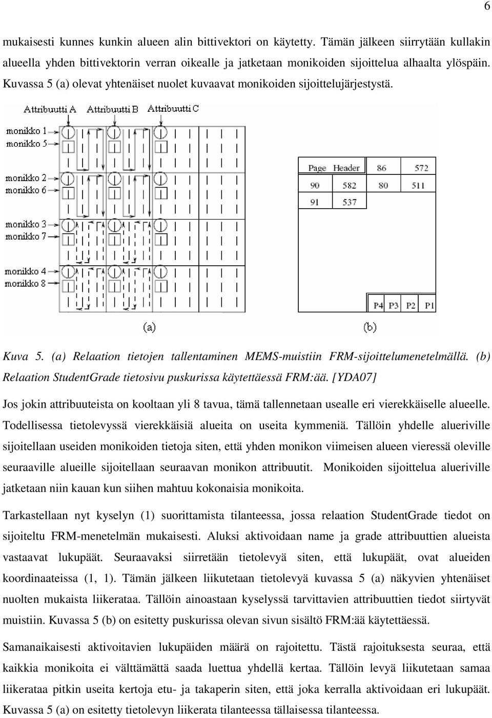 (b) Relaation StudentGrade tietosivu puskurissa käytettäessä FRM:ää. [YDA07] Jos jokin attribuuteista on kooltaan yli 8 tavua, tämä tallennetaan usealle eri vierekkäiselle alueelle.