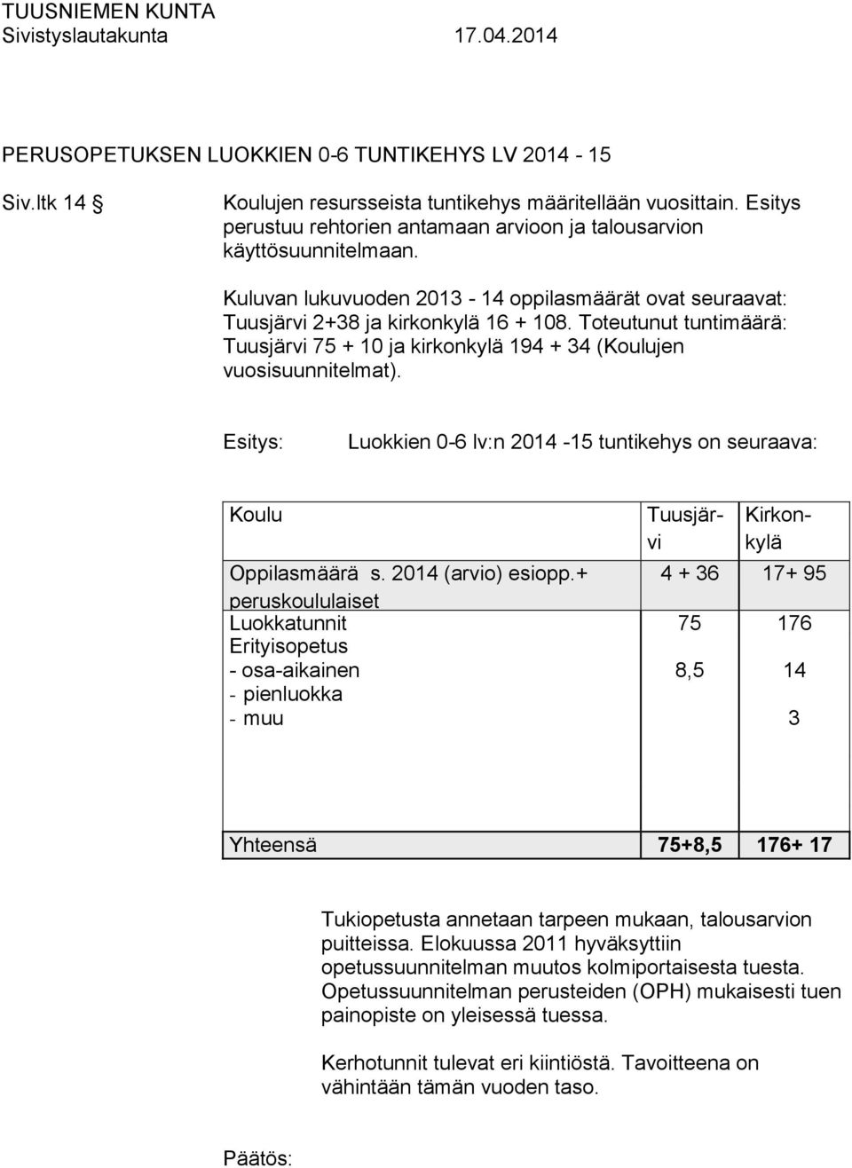 Luokkien 0-6 lv:n 2014-15 tuntikehys on seuraava: Koulu Tuusjärvi Kirkonkylä Oppilasmäärä s. 2014 (arvio) esiopp.