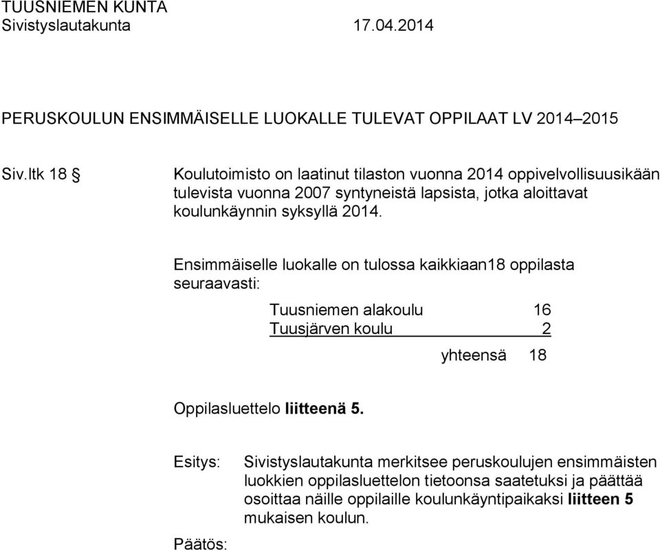 koulunkäynnin syksyllä 2014.