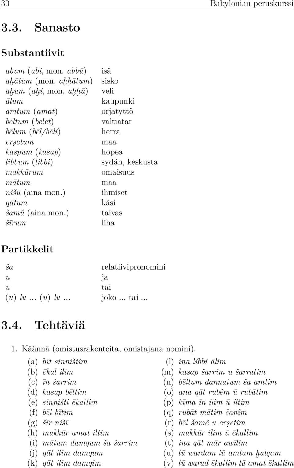 ) šīrum isä sisko veli kaupunki orjatyttö valtiatar herra maa hopea sydän, keskusta omaisuus maa ihmiset käsi taivas liha Partikkelit ša relatiivipronomini u ja ū tai (ū) lū... (ū) lū... joko... tai... 3.