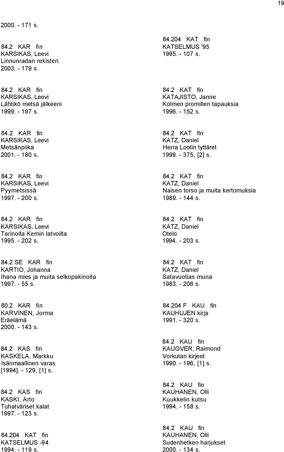 - 144 s. 84.2 KAR fin KARSIKAS, Leevi Tarinoita Kemin latvoilta 1995. - 202 s. 84.2 KAT fin KATZ, Daniel Otelo 1994. - 203 s. 84.2 SE KAR fin KARTIO, Johanna Ihana mies ja muita selkopakinoita 1997.