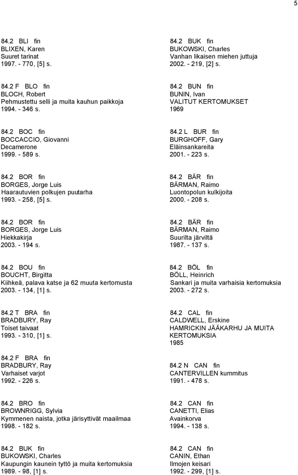 - 258, [5] s. 84.2 BÄR fin BÄRMAN, Raimo Luontopolun kulkijoita 2000. - 208 s. 84.2 BOR fin BORGES, Jorge Luis Hiekkakirja 2003. - 194 s. 84.2 BÄR fin BÄRMAN, Raimo Suurilta järviltä 1987. - 137 s.
