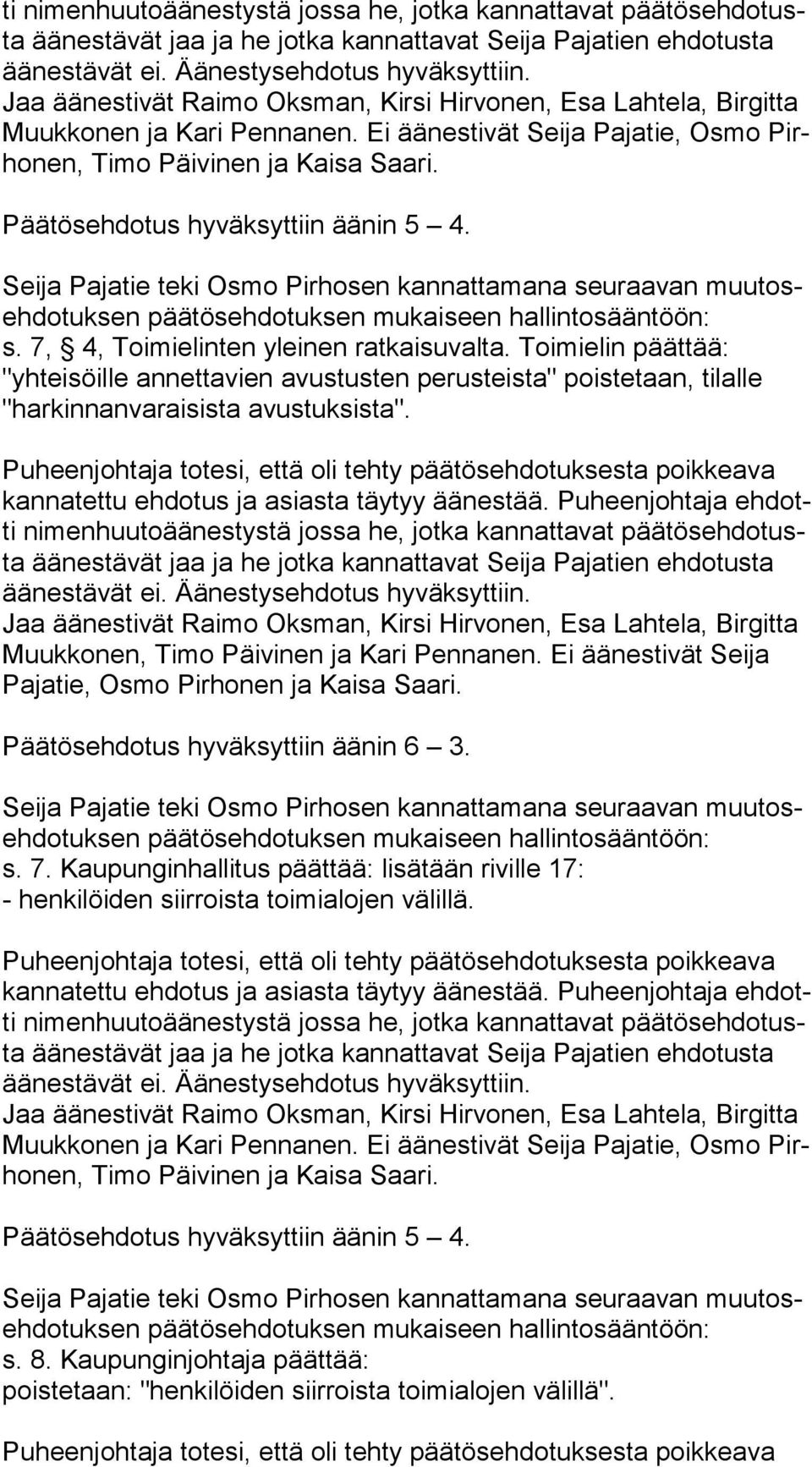 avustuksista". Muuk ko nen, Timo Päivinen ja Kari Pennanen. Ei äänestivät Seija Pa ja tie, Osmo Pirhonen ja Kaisa Saari.