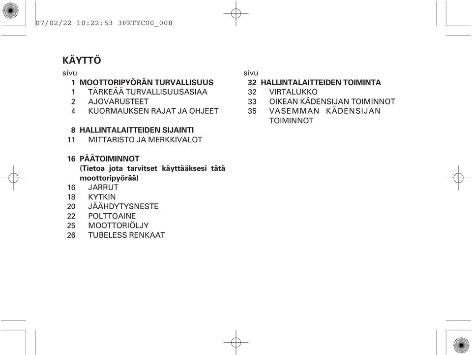 TOIMINTA 32 VIRTALUKKO 33 OIKEAN KÄDENSIJAN TOIMINNOT 35 VASEMMAN KÄDENSIJAN TOIMINNOT 16 16 18 20 22 25 26