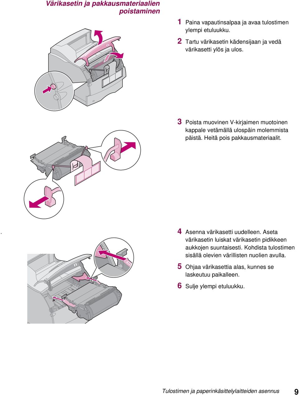 3 Poista muovinen V-kirjaimen muotoinen kappale vetämällä ulospäin molemmista päistä. Heitä pois pakkausmateriaalit.. 4 Asenna värikasetti uudelleen.