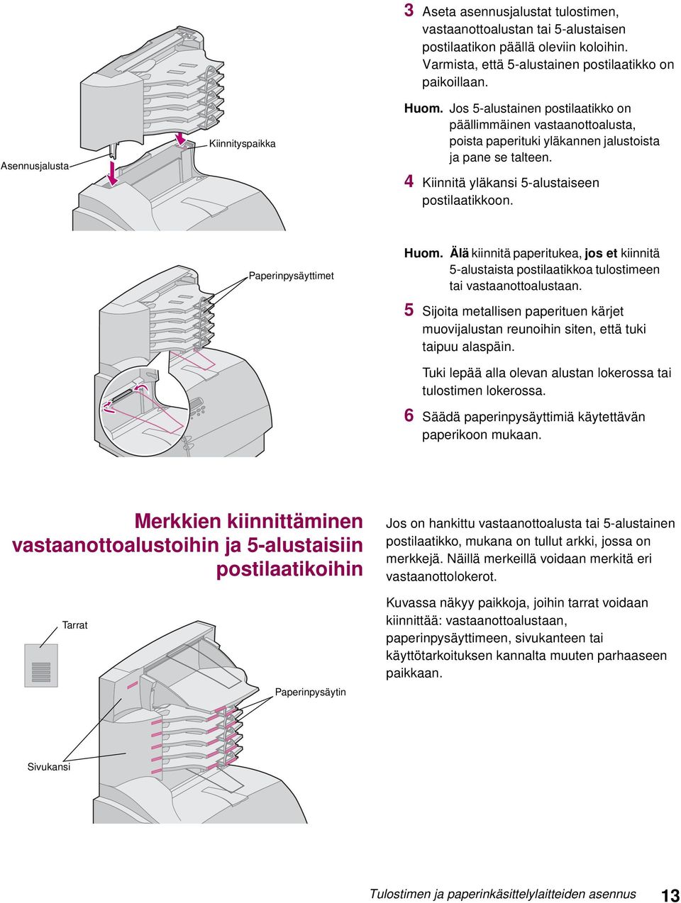 Paperinpysäyttimet Huom. Älä kiinnitä paperitukea, jos et kiinnitä 5-alustaista postilaatikkoa tulostimeen tai vastaanottoalustaan.