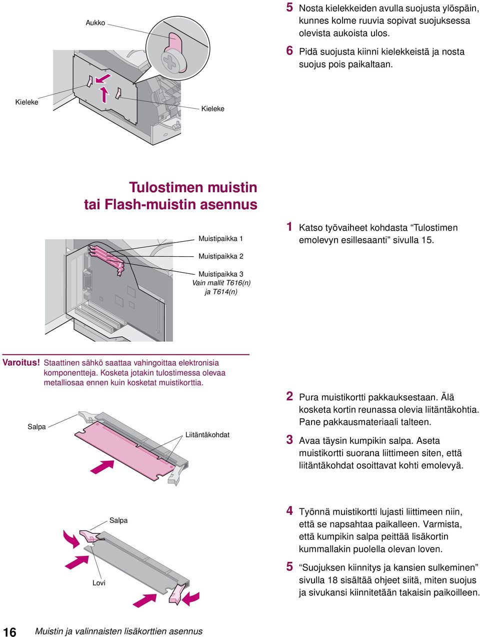 Muistipaikka 2 Muistipaikka 3 Vain mallit T616(n) ja T614(n) Varoitus! Staattinen sähkö saattaa vahingoittaa elektronisia komponentteja.