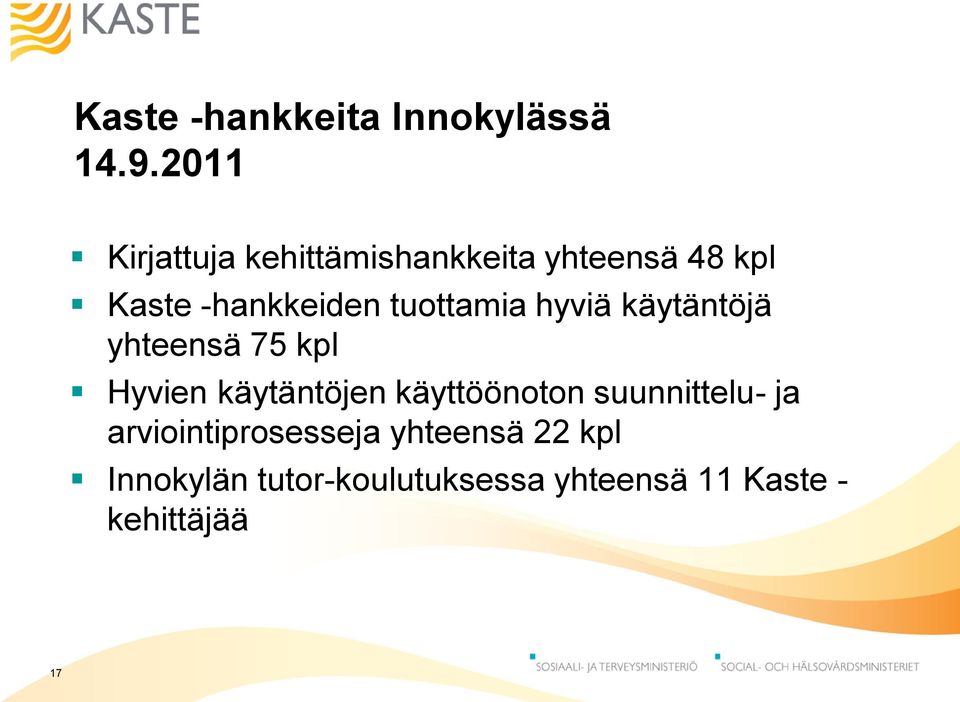 tuottamia hyviä käytäntöjä yhteensä 75 kpl Hyvien käytäntöjen