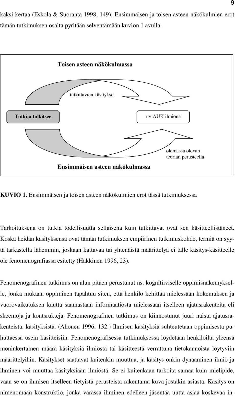 Ensimmäisen ja toisen asteen näkökulmien erot tässä tutkimuksessa Tarkoituksena on tutkia todellisuutta sellaisena kuin tutkittavat ovat sen käsitteellistäneet.