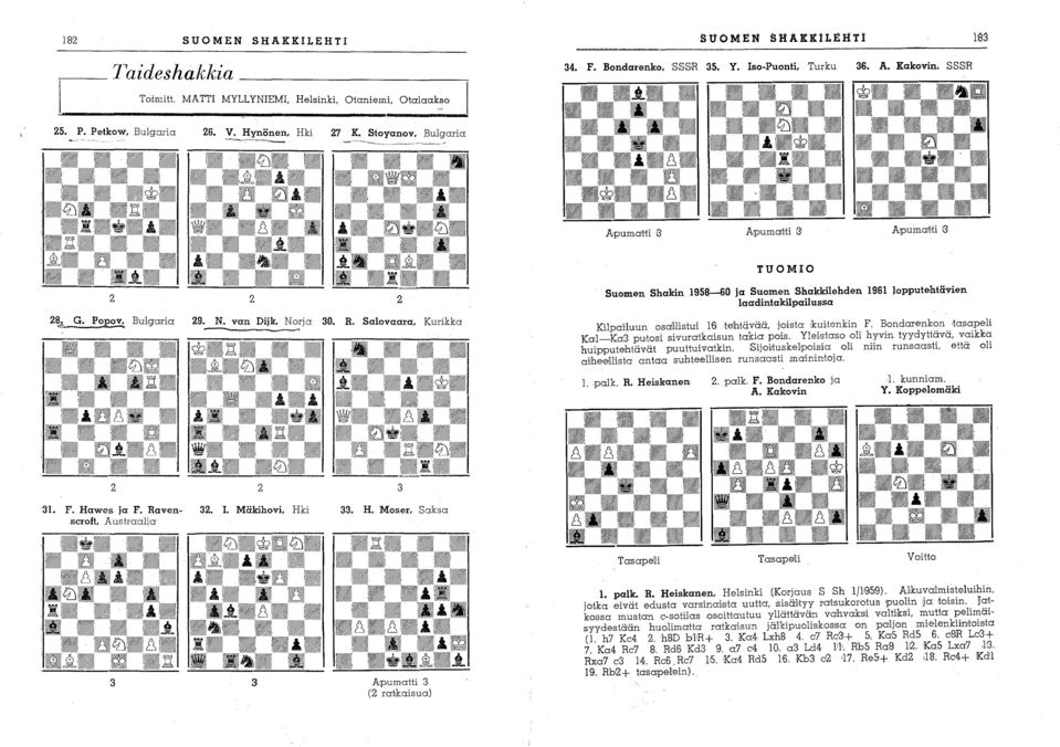 Salovaara, Kurikka Suomen Shakin 1958-60 ja Suomen Shakkilehden 1961 lopputehtävien laadintakilpail ussa Kilpailuun osdl:listui 1'6 tehtävää, joista kuhenkin. F. Bondarenb~n.