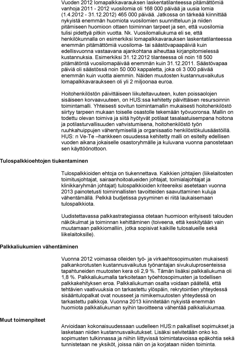 Jatkossa on tärkeää kiinnittää nykyistä enemmän huomiota vuosilomien suunnitteluun ja niiden pitämiseen huomioon ottaen toiminnan tarpeet ja sen, että vuosilomia tulisi pidettyä pitkin vuotta. Nk.