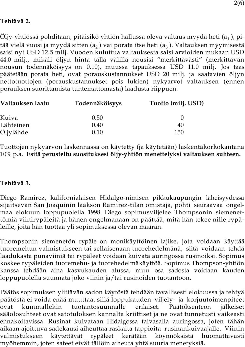 , mikäli öljyn hinta tällä välillä nousisi merkittävästi (merkittävän nousun todennäköisyys on 0.10), muussa tapauksessa USD 11.0 milj.