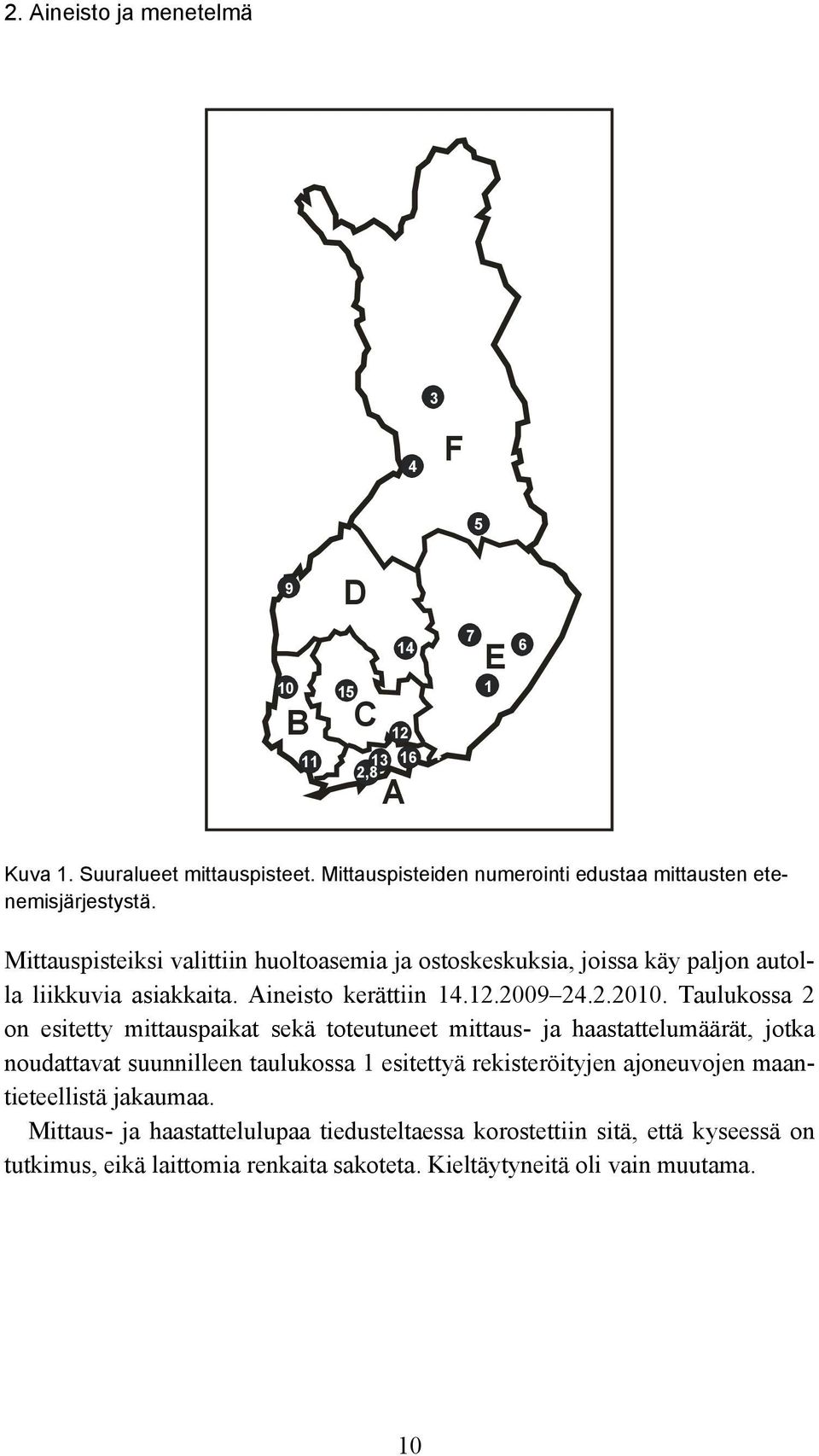 Mittauspisteiksi valittiin huoltoasemia ja ostoskeskuksia, joissa käy paljon autolla liikkuvia asiakkaita. Aineisto kerättiin 14.12.