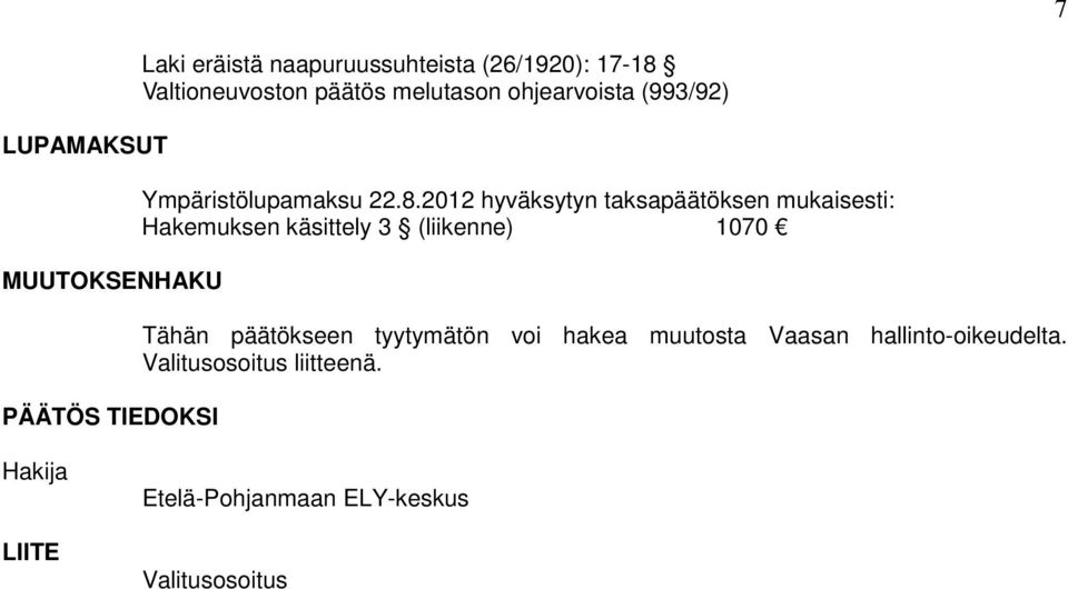 2012 hyväksytyn taksapäätöksen mukaisesti: Hakemuksen käsittely 3 (liikenne) 1070 Tähän päätökseen